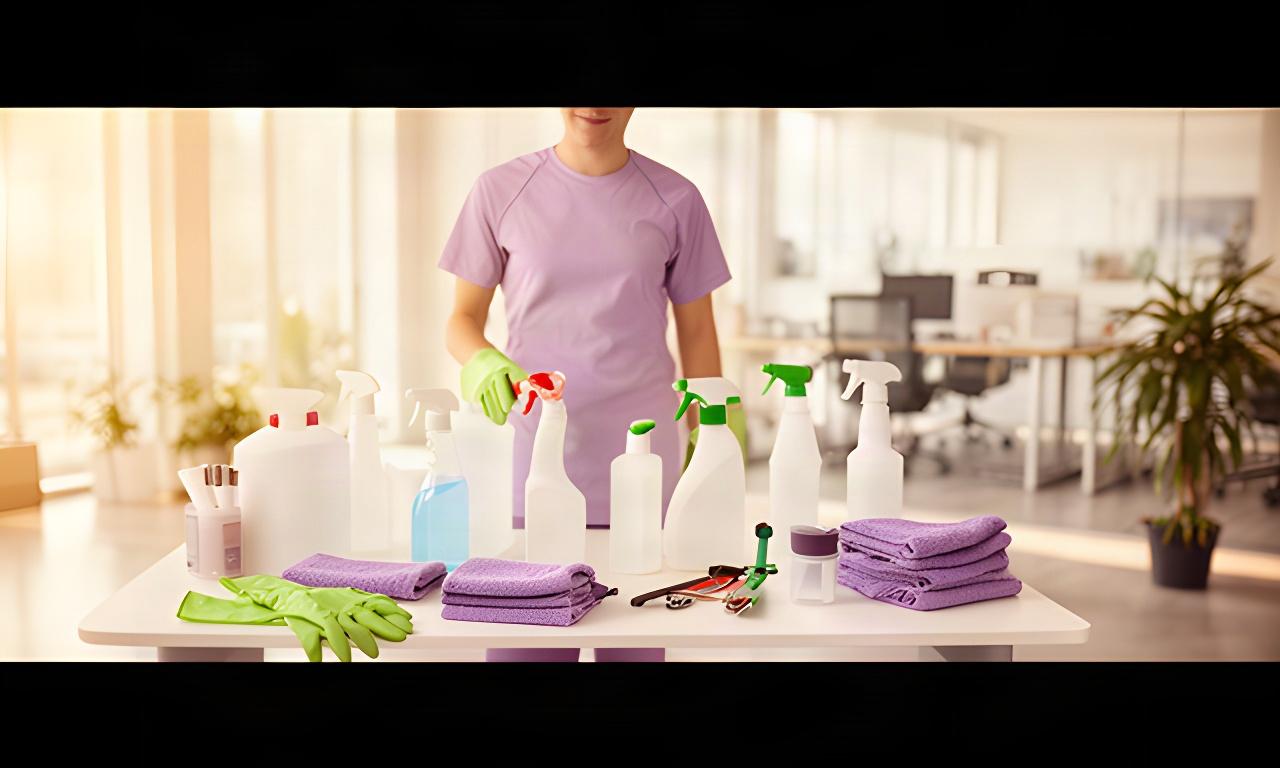 Profesional de limpieza preparando productos y herramientas en una oficina luminosa de Las Rozas de Madrid